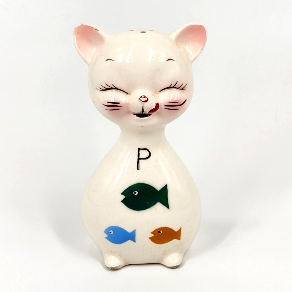 Vintage Ceramic Cat Pepper Shaker ONLY Hungry Anthropomorphic Kitten Fish